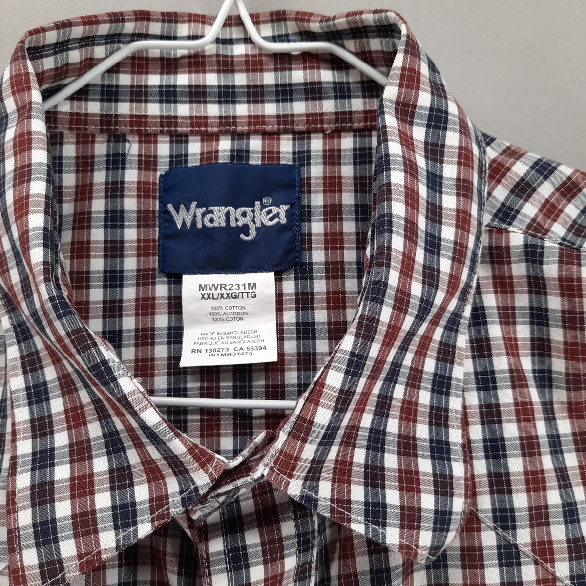 Chemise Western Wrangler XXL - À Carreaux Rouge, Blanc, Bleu - 100% Coton - Manches Courtes