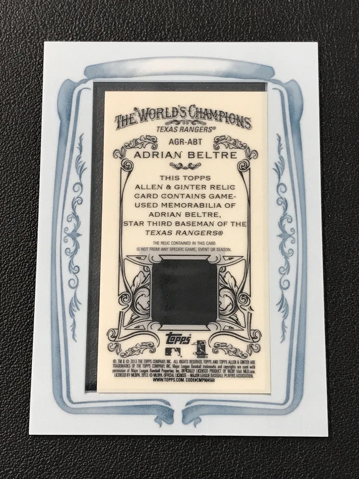 2013 Topps Allen & Ginter Adrian Beltre Game-Used Relic Framed Mini Rangers - Image 2 of 2