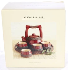 NIKKA TEA SET PIER 1 Rustic Earthenware Pottery Set Tea Pot 4 Cups Serving Tray