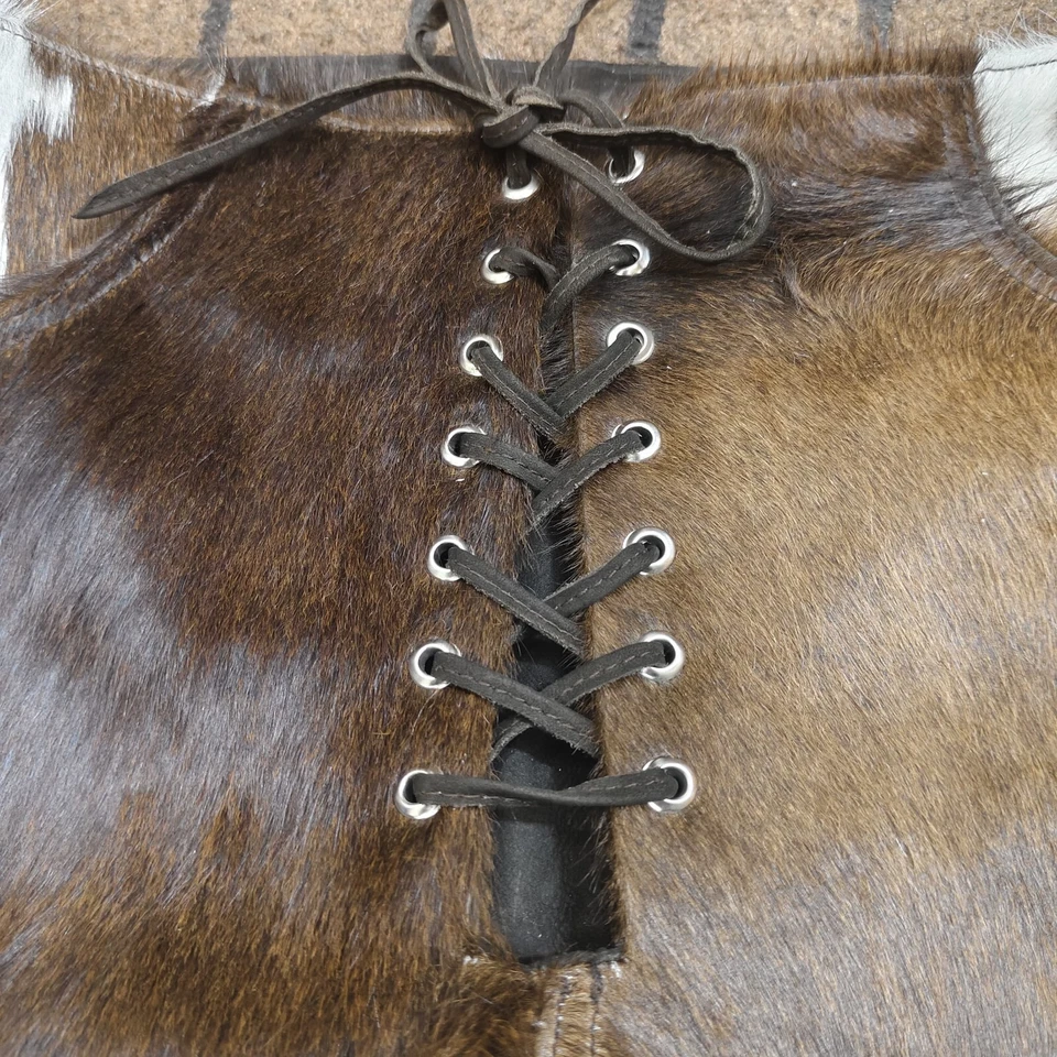 Bermuda feminina de couro bovino ocidental pele de pônei cabelo com cadarço boho festival calça - Imagem 3 de 4