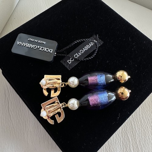 NWT DOLCE & GABBANA Earrings Dangling Gold Plated Brass Glass Design Jewelry - Picture 4 of 7