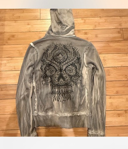 Affliction Sz S tan studded skull zip-up hoodie.