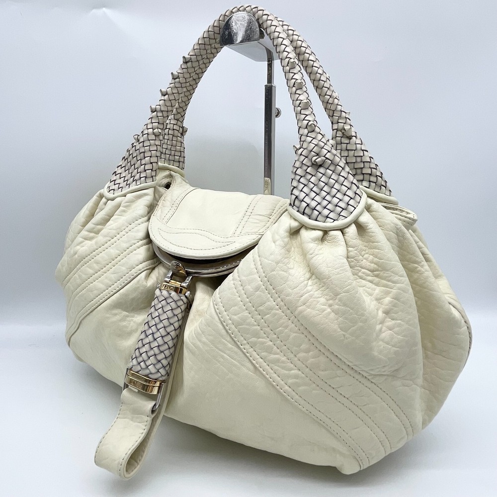 Fendi Spy Bag Handbag Top Handle Leather White Gold Hardware Authentic