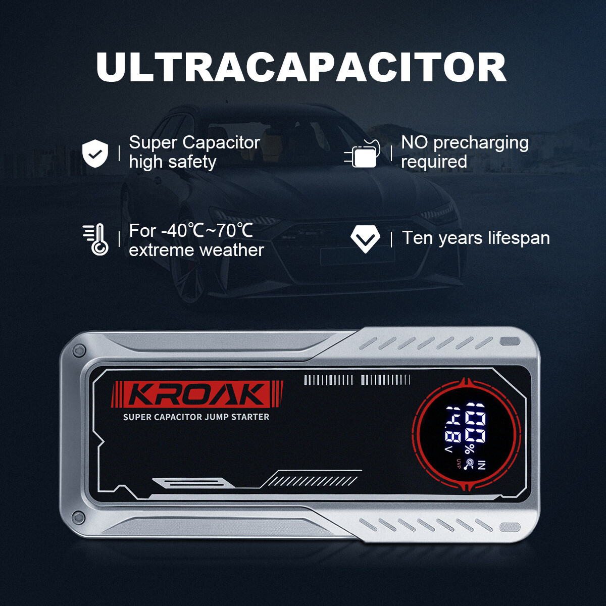 KROAK SuperCap Portable Jump Starter 400F BatteryFree Super Safe Car