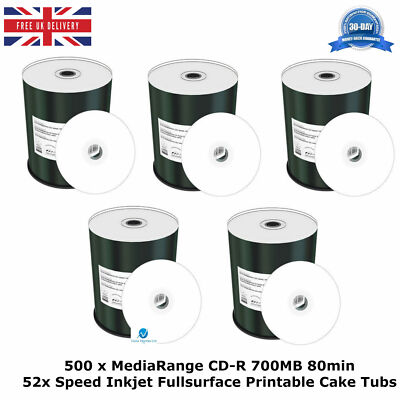 500 x MediaRange CD-R 700MB 80min 52x Speed Tintenstrahl vollflächlich bedruckbare Kuchenwanne