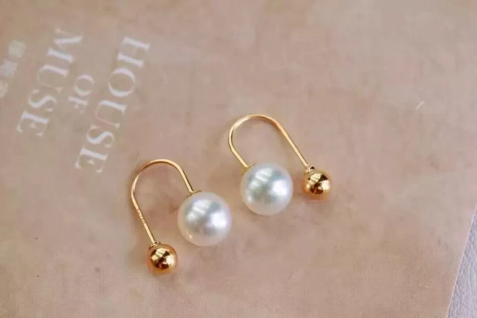 элегантный 7-8 мм Южное море круглый белый жемчуг серьги-гвоздики 18k роскошный подарок - Изображение 2 из 3