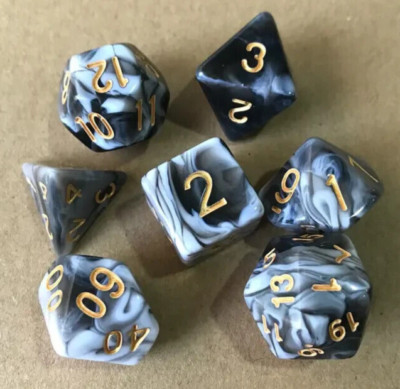 Dungeons & Dragons Dice Black White Gold Swirl Marble Nebula Polyhedral D&D RPG