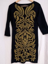 Nine West Black & Gold Jacquard Knit Bodycon Dress – Size M – Elegant Midi