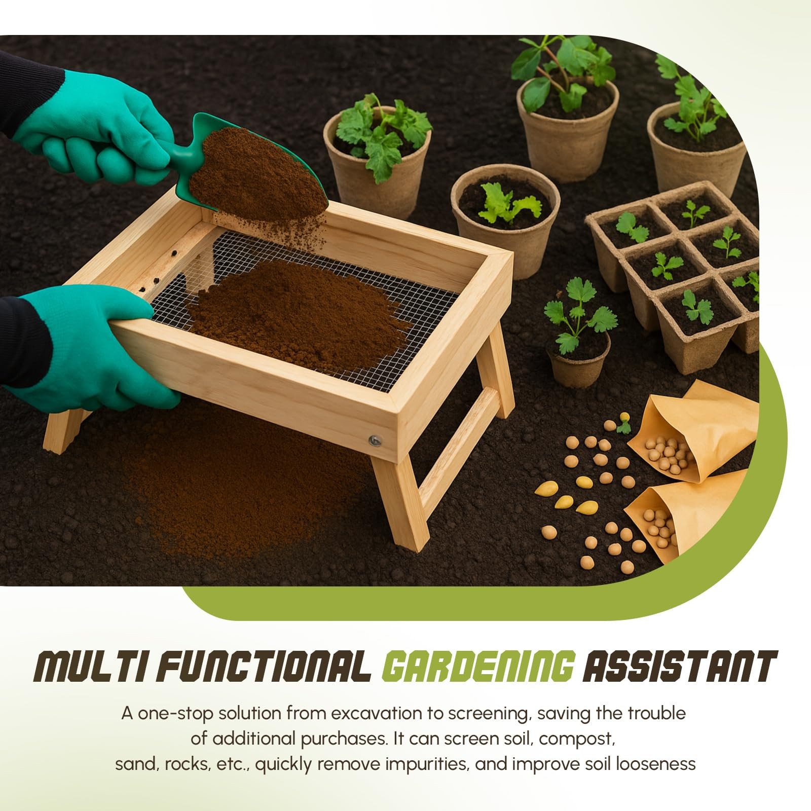 Soil Sifter Dirt Sifter with Folding Bracket for Gardening Wood Compost Sifte...