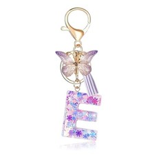 Initial Letter Keychains for Women Cute Purple Keychain with Tassel Purple E