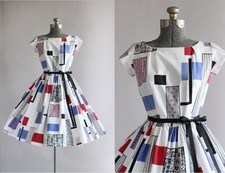 Vintage 1950s Bijou Original Geometric Print Dress w/ Waist Tie S