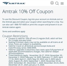 Amtrak One-Way 10% Off Coupon - expires on 3/...