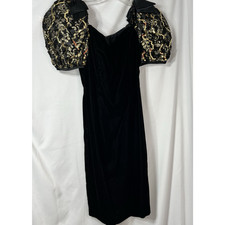 Vintage 90s Little Black Dress Velvet Gold Sequin Bow Sz XS Puffy Sleeve