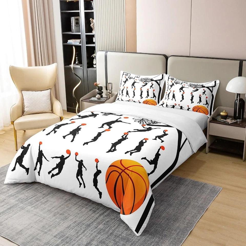 Basketball 100% Cotton Duvet Cover Twin Size 2 Pcs Black Sport Players Silhou... - Image 2 of 4