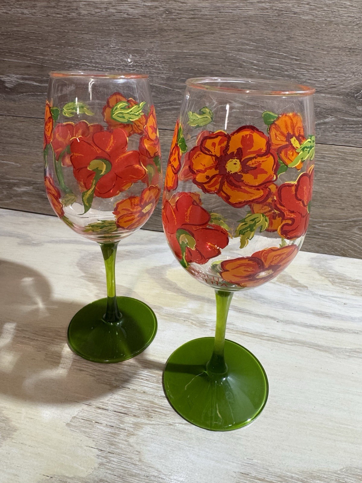 Lolita Best Of The Bunch Acrylic Wine Glasses Set Of 2 Green Orange Flowers