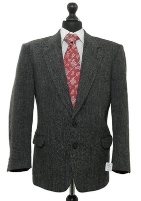 Harris Tweed Herren Sakko Jackett 26 grau dunkelgrau Fischgrat Einreiher 2-Knopf