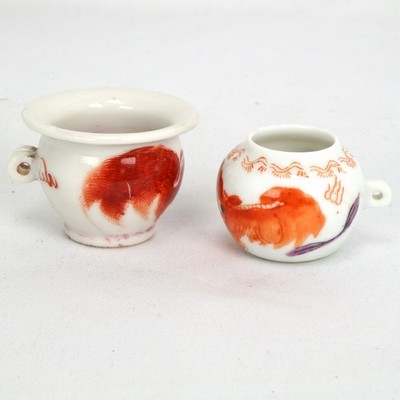 Pair of Antique Chinese Porcelain Cage Bird Feeders with Foo Dogs c 1900