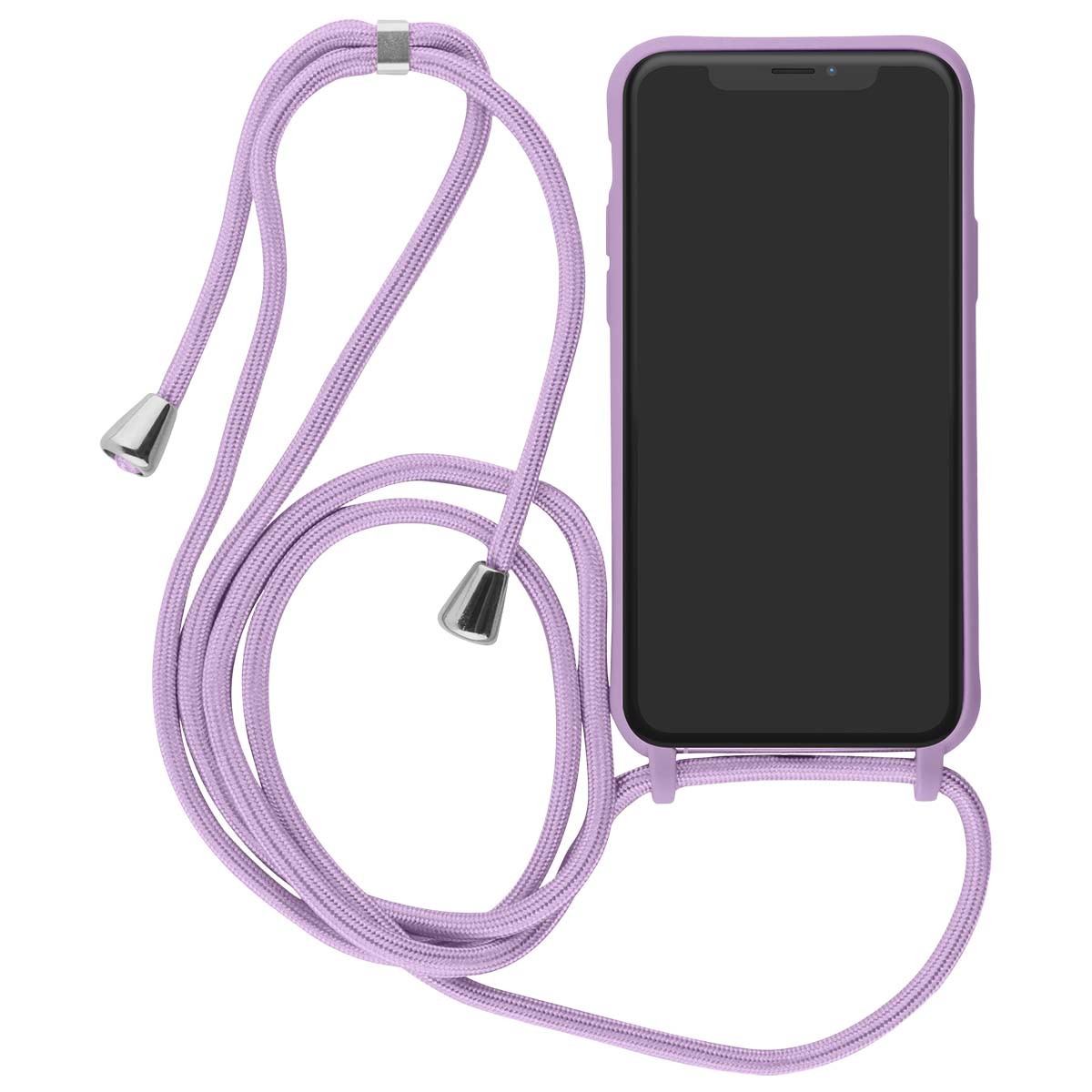 Coque iPhone XR de luxe couleur lilas effet dentelle ciselée avec collier