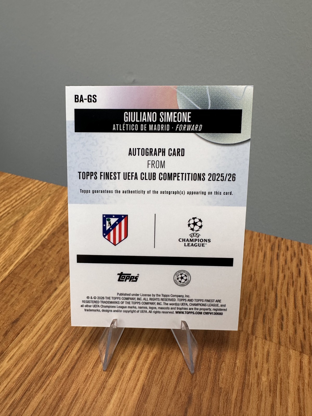2025-26 Topps Finest UEFA UCC - Giuliano Simeone Auto BA-GS Atletico Madrid view 3