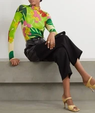 DRIES VAN NOTEN Tropical Floral Print Stretch Jersey Turtleneck Top M Green Pink