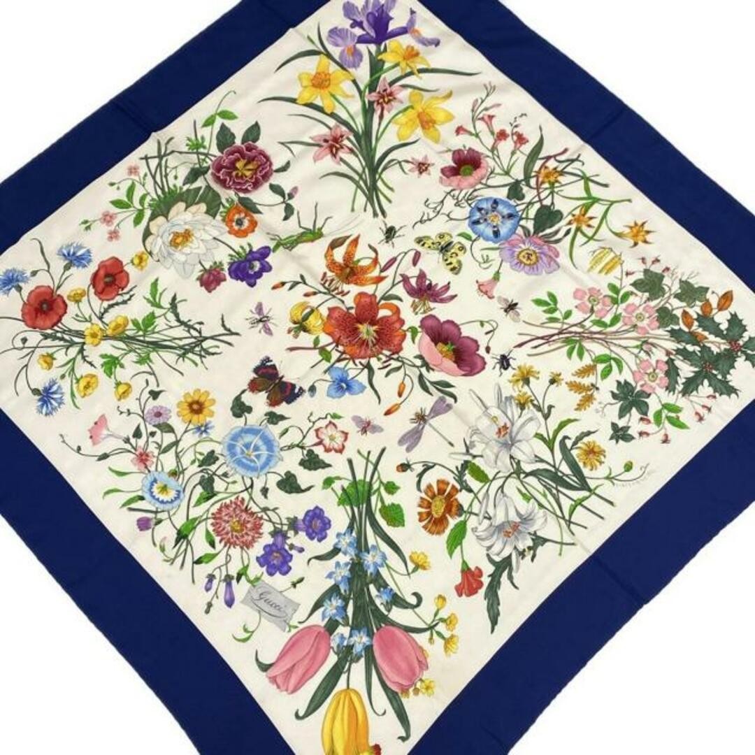 Gucci Navy White Multi Flora Silk Scarf