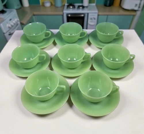 8 Vintage Anchor Hocking Fire King Jane Ray Jadeite Cup Saucer Sets 16 Pc Lot