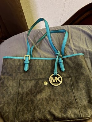 Michael Kors MK Signature Logo Brown/Blue Zip Tote Bag Charm Gold Hardware