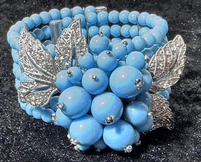 MIRIAM HASKELL Turquoise Beaded Memory Coil Wrap Bracelet Silver Leaf Accents