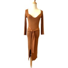 Forever 21 Brown Ribbed Knit Midi Dress Sweetheart Neckline Long Sleeves