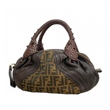 Auth 6de5673 FENDI Handbag Zucca Leather Nylon Canvas Brown Gold metal fit...