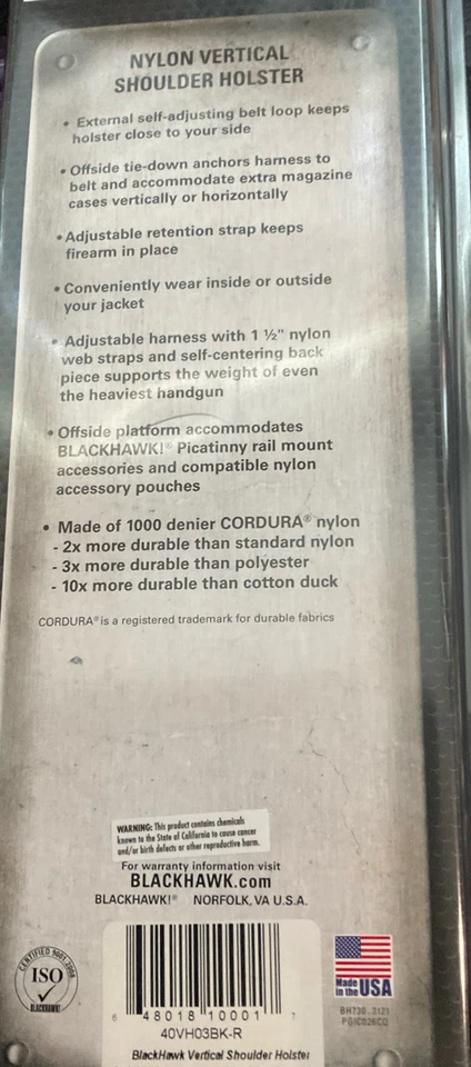 Blackhawk 40VH03BK-R Nylon Vertical Hombro Funda 5 pulgadas a 6 1/2 pulgadas Cañón Foto 2 de 3