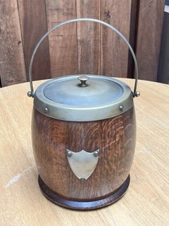 Vintage Original Oak Barrel Ice Bucket EPNS Lid & Cartouche with Ceramic Inner