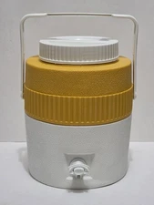 Vintage Poloron Vacucel Yellow & White Insulated Wide Mouth 5 Quart Water Jug