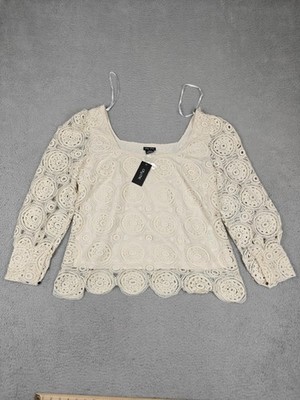 City Chic Blouse Womens XS White Creme Crochet Ella Long Sleeve Scoop Neck