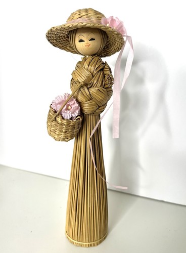 Straw Broom Doll Straw Girl With Pink Flowers Sun Hat Handmade Folk Art 9.75” - Picture 3 of 4