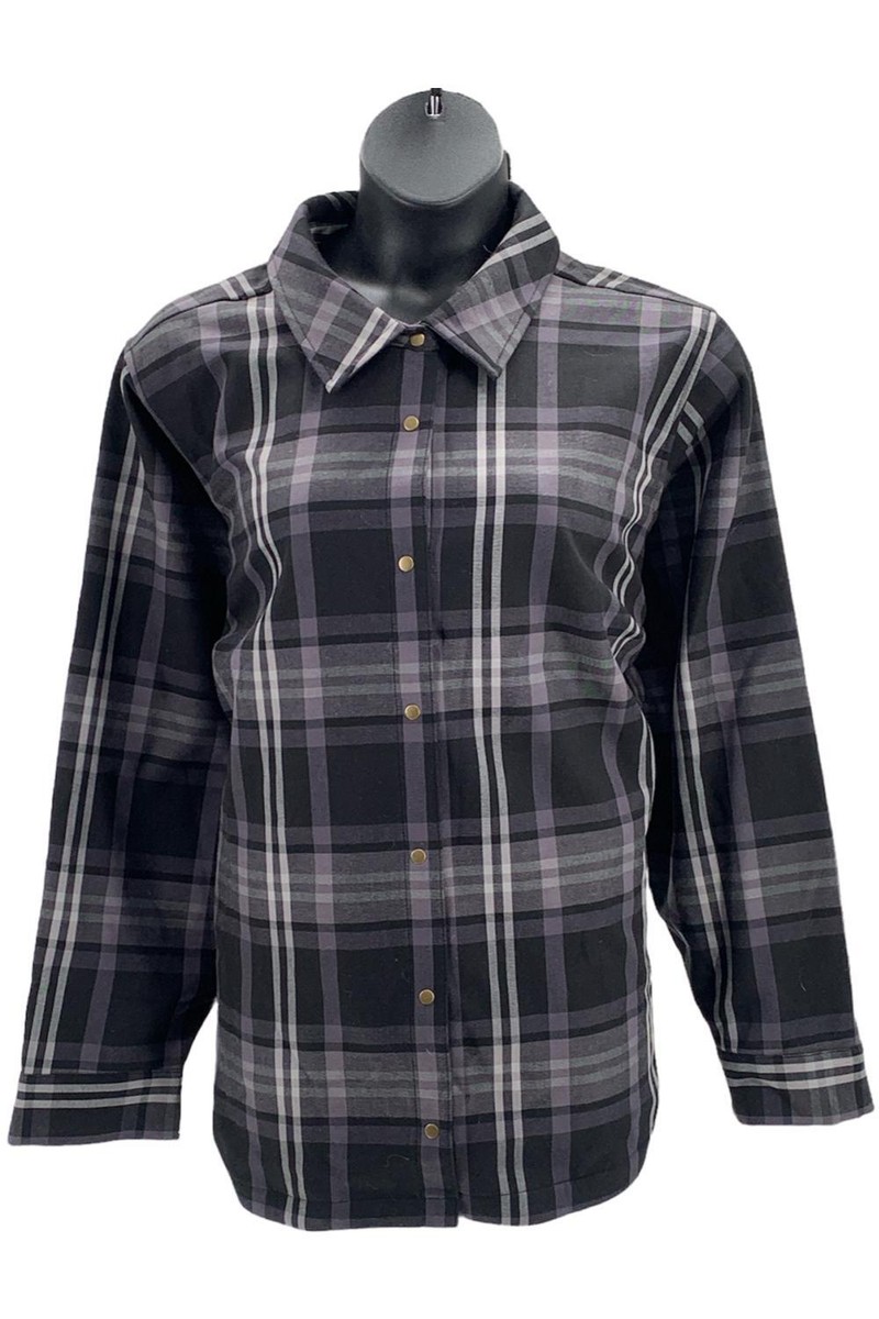 Denim & Co. Plaid Flannel Bonded to Fleece Shacket Black | eBay