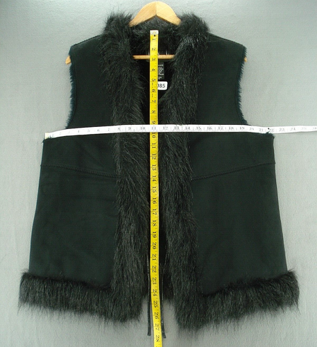 I.N.C. Vest Women's Large Black Suede Faux Fur Trim Sleeveless Open Front - Picture 6 of 10