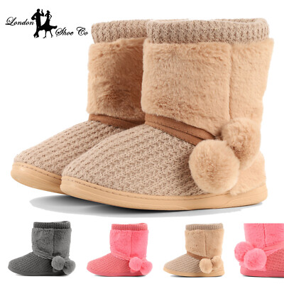 Damen & Mädchen Fell gefütterte Strick Bootie Stiefel Hausschuhe Größe 3 bis 8 UK & Bommel