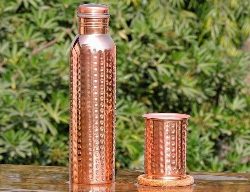 100% Pure Copper Water Bottle with Tumbler Handmade For Health Benefits