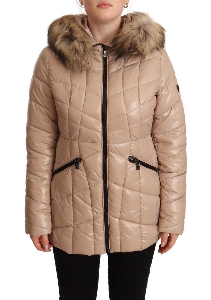 FRACOMINA JEANS Jacket Full Zip Quilted Beige Fur Padded Hooded