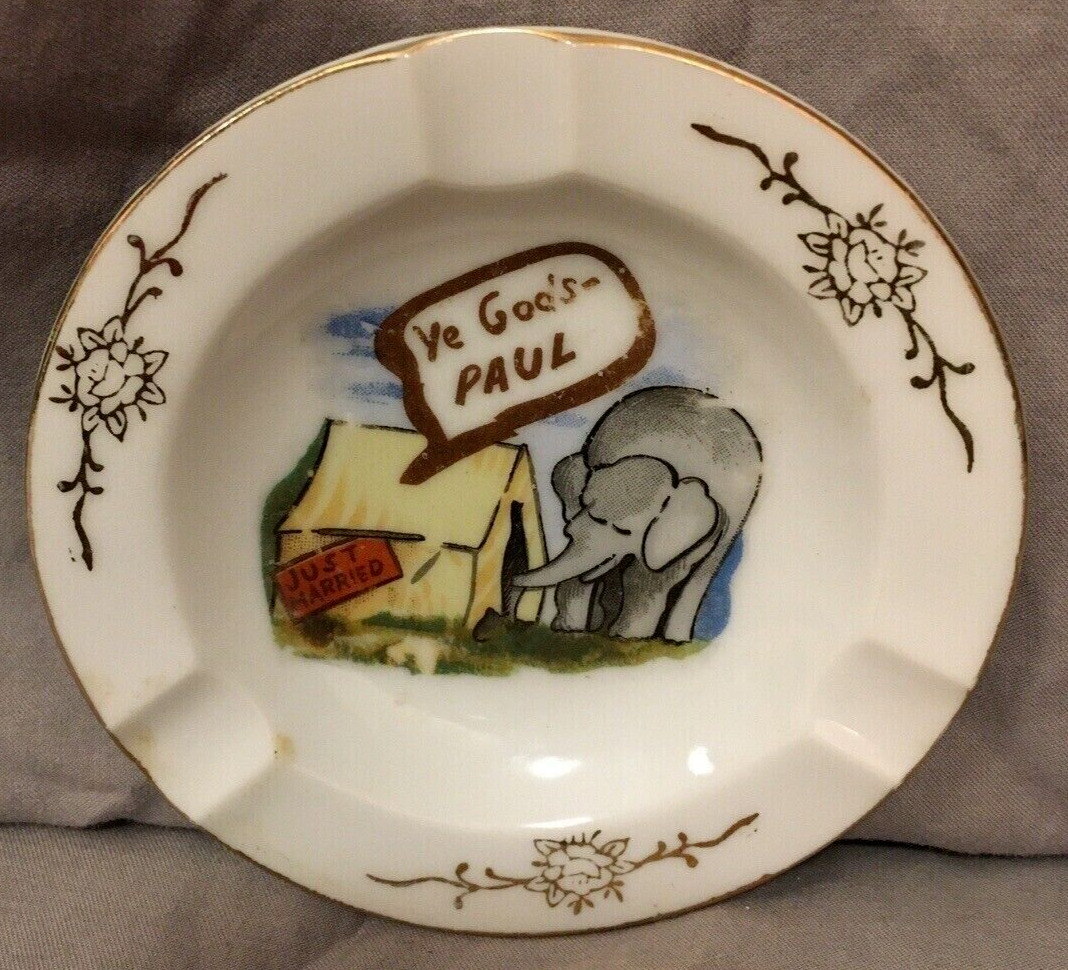 Vintage Just Married Ashtray Novelty Humor Jokes Elephant Trunk Tent Gold Accent