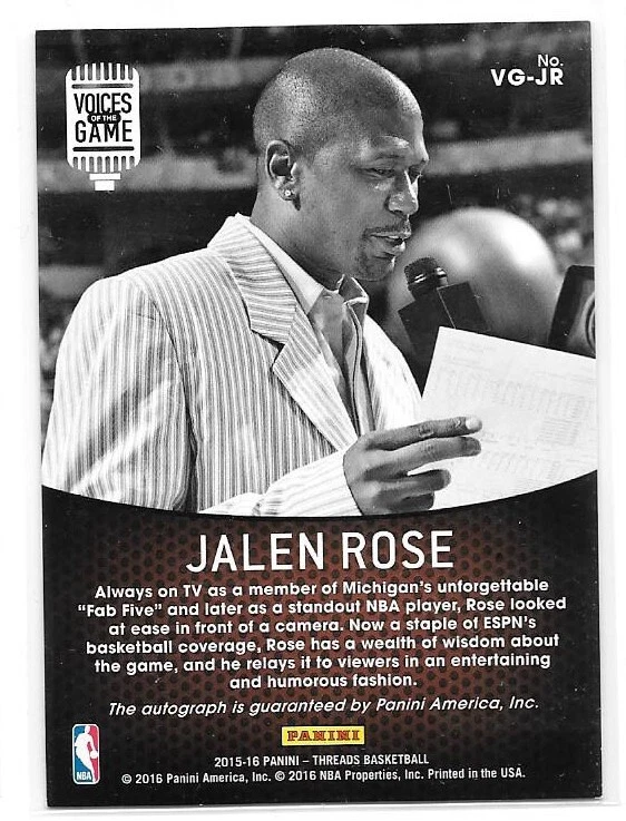 2015-16 Panini Threads Voices of the Game Autographs #VG-JR 7 Jalen Rose /199 - Image 2 of 2