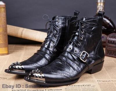 Men Pointy Metal Pointy Toe Rivet Buckle Strap Lace up Punk Ankle Boots Gothic