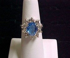 Vtg Blue Sapphire Glass  Rhinestones Silver Tone Princess Style Cocktail Ring 7