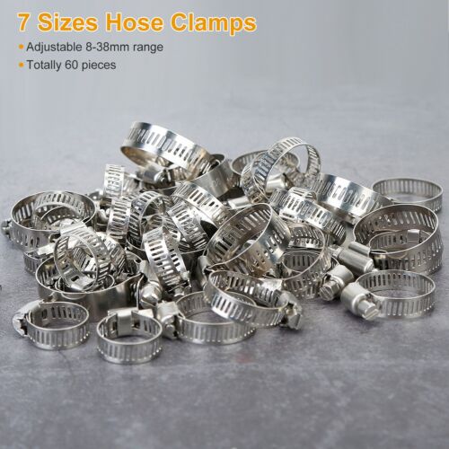 60 × Hose Clamp Set Stainless Steel Adjustable Worm Gear Pipe Tube Hose Clip Kit - Picture 6 of 10