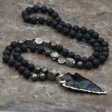 Lava Obsidian Mala Bead Healing Meditation Men Women Knotted Necklace Pendant