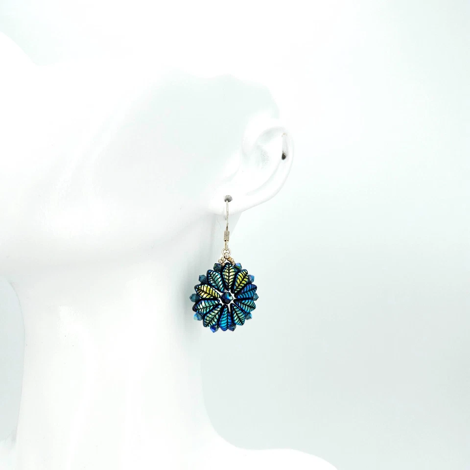 Ohrringe Damen Schmuck Handarbeit Perlen Blume Blau Grün türkis 925 Silber NEU - Bild 3 von 4