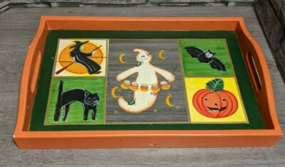 Halloween 18''x12'' Painted Wood Serving Tray Decor Prop Pumpkin Witch Ghost Cat