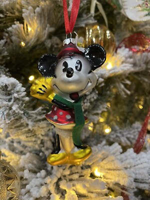 Vintage Disney Blown Glass Minnie Mouse Christmas Ornament, 5 x 2 x 1 in.