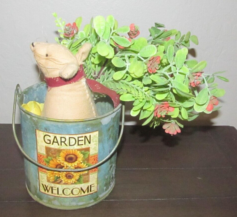Whimsical Country Mouse Decor Kitchen Galvanized Garden Welcome Sunflower Pail